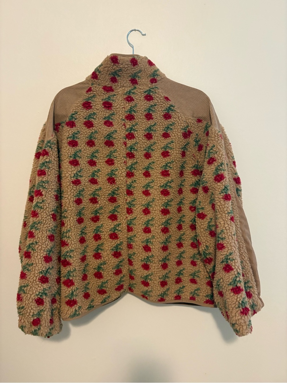 Women’s Floral Sherpa Jacket - Tan with Red & Green Accents - Picture 4 of 5